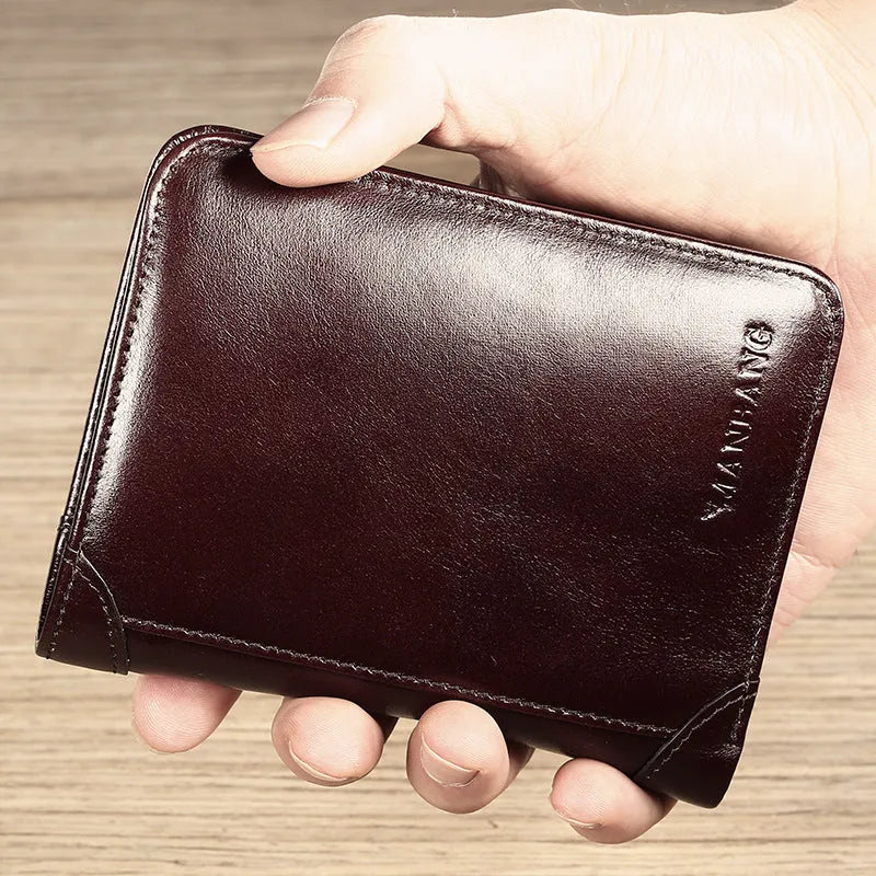 Men's genuine leather wallet open showing multiple internal compartments including card slots and secret pocket