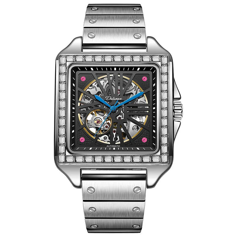 Men's square automatic watch with diamond-studded design on stainless steel case with leather strap