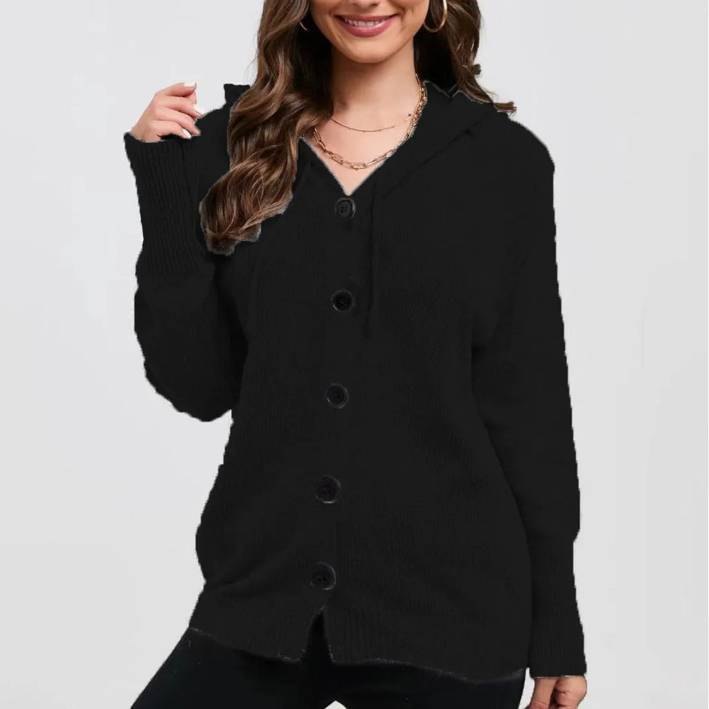 Women's solid colour thick cotton hooded cardigan sweater with 3D pattern, shown in loose fit.