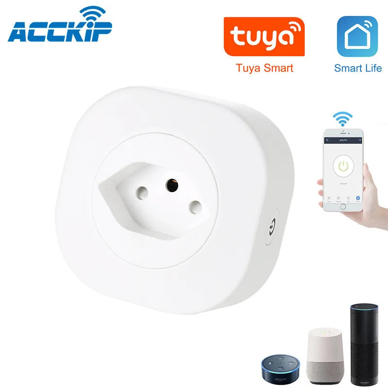 White WIFI smart socket plug with voice control for EU, US, and Swiss 16A sockets.