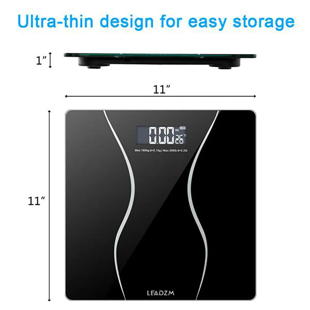Black electronic digital bathroom scale on a bathroom floor, showing a maximum weight capacity of 180kg.