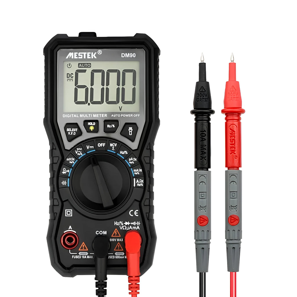 DM90A digital multimeter with display showing reading, test leads, and thermocouple probe on a workbench.