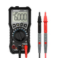 DM90A digital multimeter with display showing reading, test leads, and thermocouple probe on a workbench.
