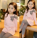 Pink cotton girls' two-piece clothing set showing front view with size options 110cm to 140cm