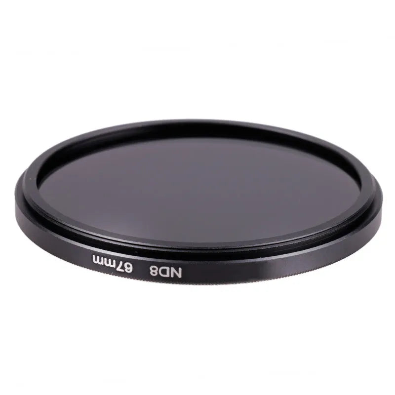 ND8 camera filter with aviation aluminium frame showing thread size options from 49mm to 82mm