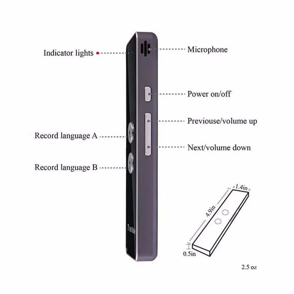 Handheld translator tool with Bluetooth and voice translation, 123x36x12mm, black