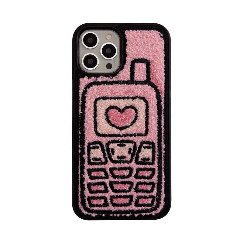 Pink towel embroidered TPU phone case for iPhone showing textured back surface and camera cutouts
