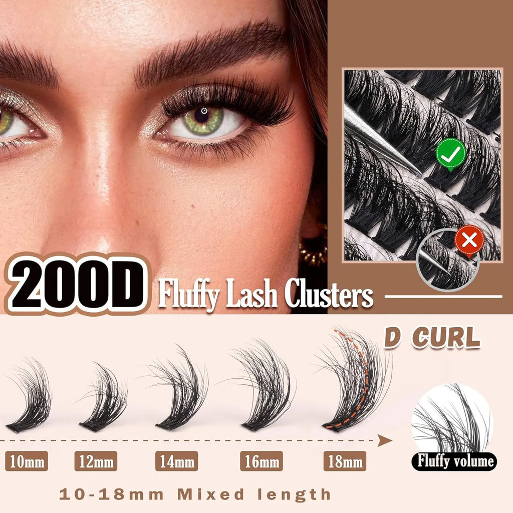 Fluffy faux mink segmented eyelashes 200D high-grade fibre on white background