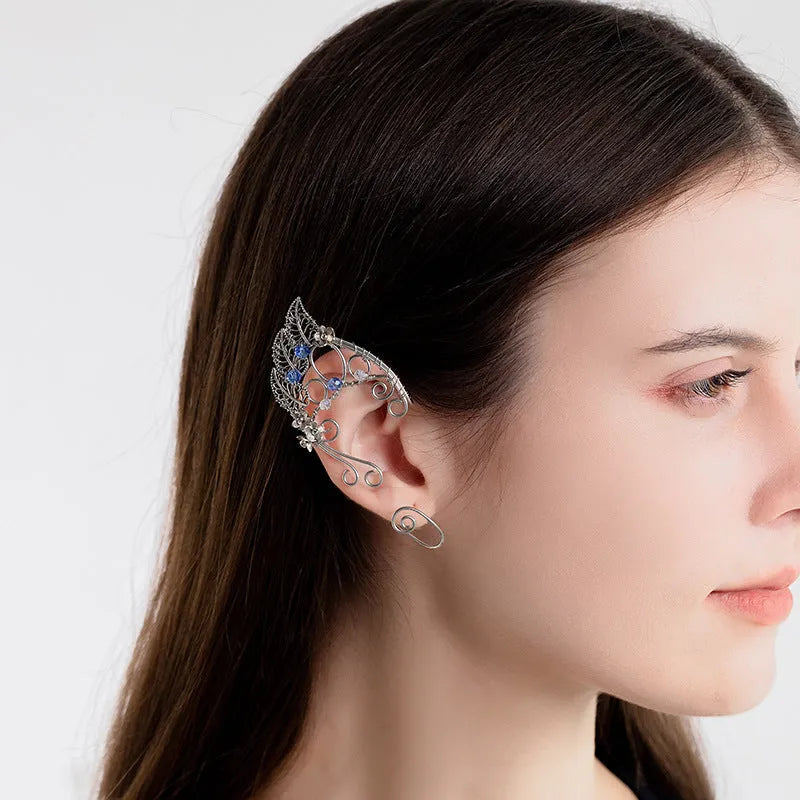 Handmade leaf shaped elf ear clip in gold pair with electroplated finish on woman