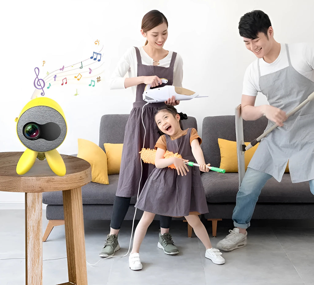 YG220 white and yellow LED projector showing adjustable 24-80 inch screen size projection