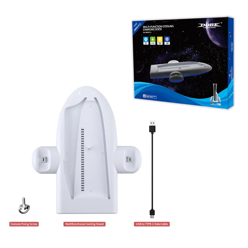 PS5 Slim multifunction cooler pad fan with integrated charger and RGB ambient lighting in white