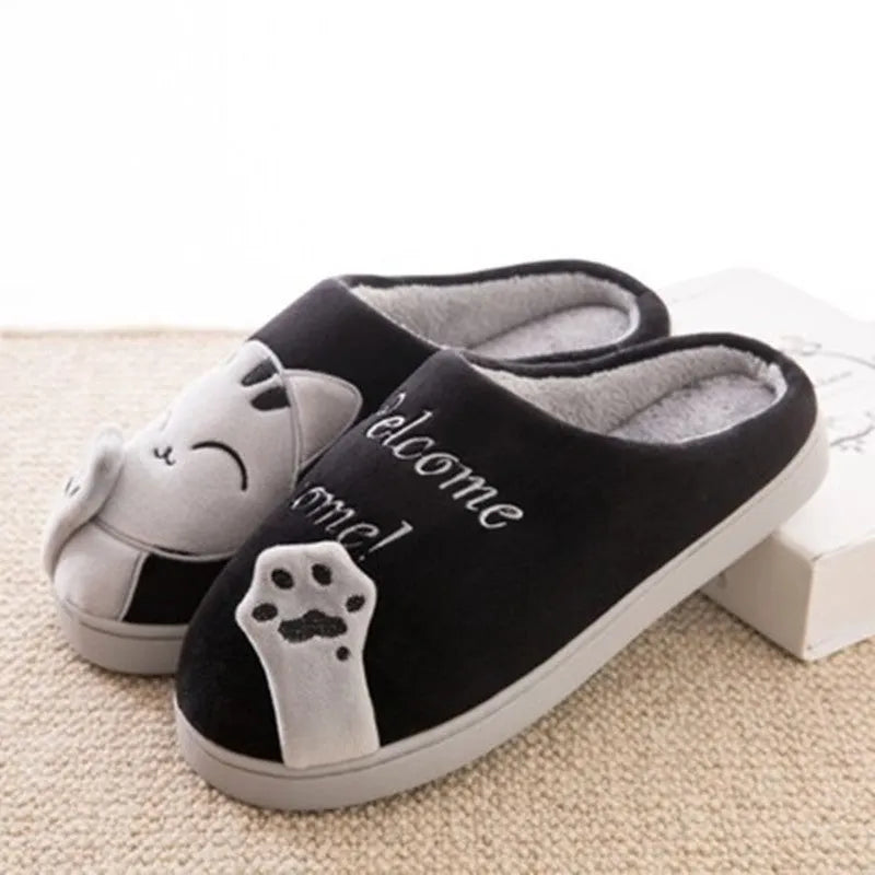LovelyCotton slippers with cat design, soft suede vamp, warm plush lining, low heel, PVC sole, indoor use