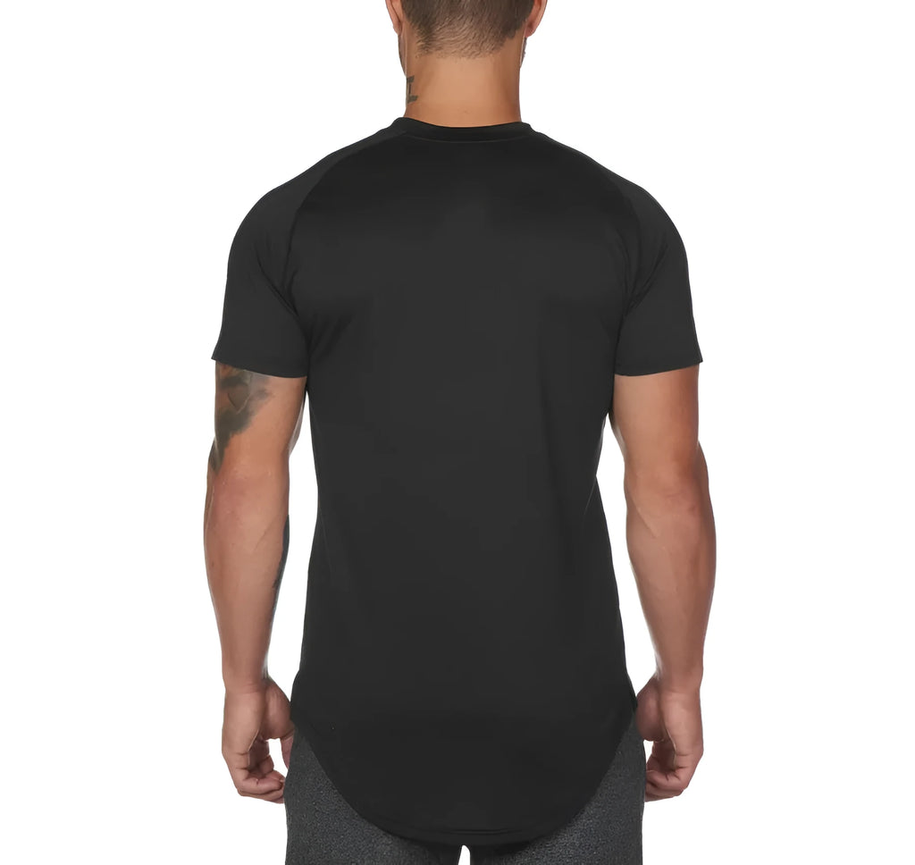 Men's plain gym shirt in cotton spandex blend shown in army green, black, and white colour options.