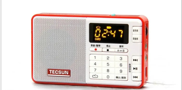 Tecsun Q3 digital audio player in white, yellow, red, green, blue, or black with radio and MP3 playback functions