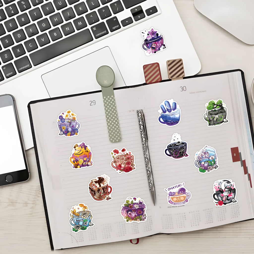Colourful tea cup graffiti design waterproof stickers 50 piece pack for luggage and scooter personalisation