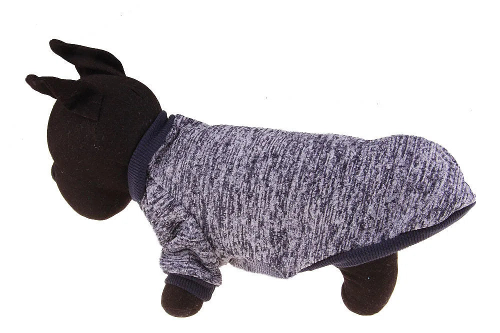 Colorful cotton two-legged pet sweater for small dogs, with neck and chest measurements, available in multiple sizes