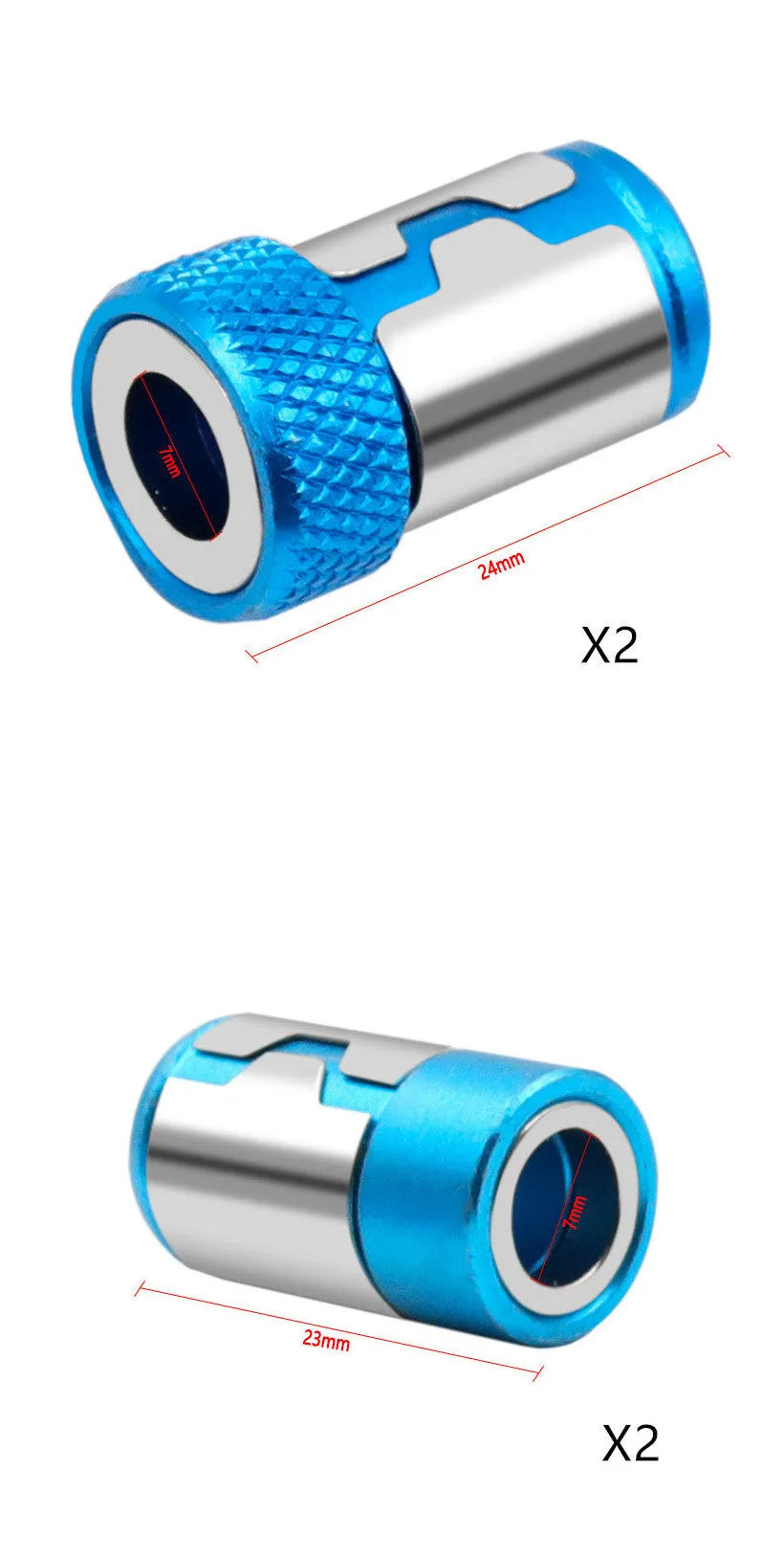 Light blue magnetic screwdriver bit for slotted screws on a plain background.
