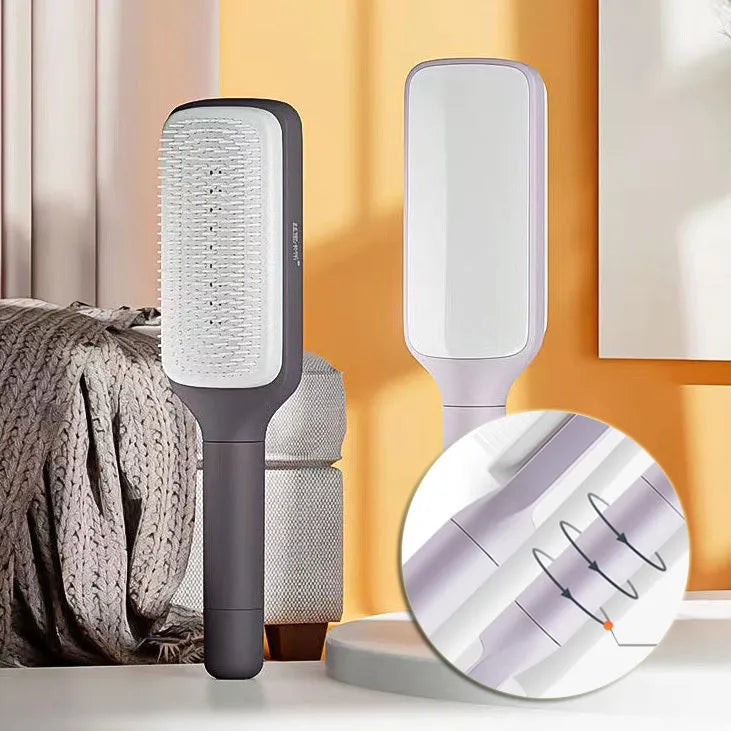 Purple self-cleaning hairbrush with rotating handle and anti-static massage comb teeth