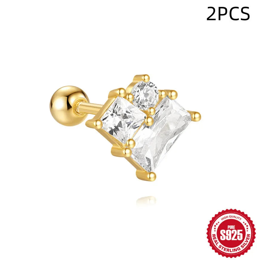 S925 sterling silver red earrings with square gravel studs and golden electroplated finish