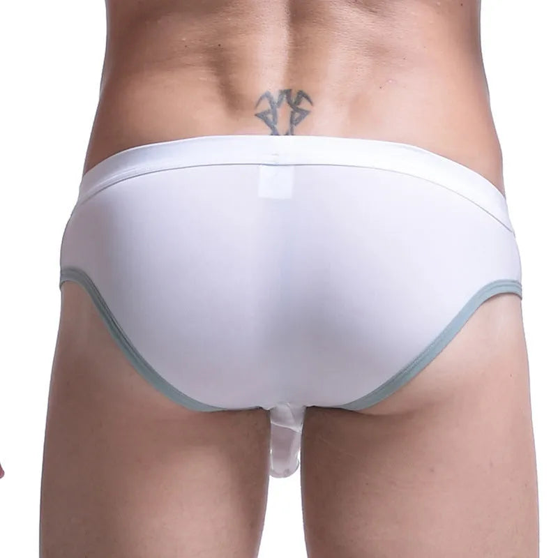 Men's ice silk bazooka briefs in multiple colours showing quick-drying fabric and bullet separation design