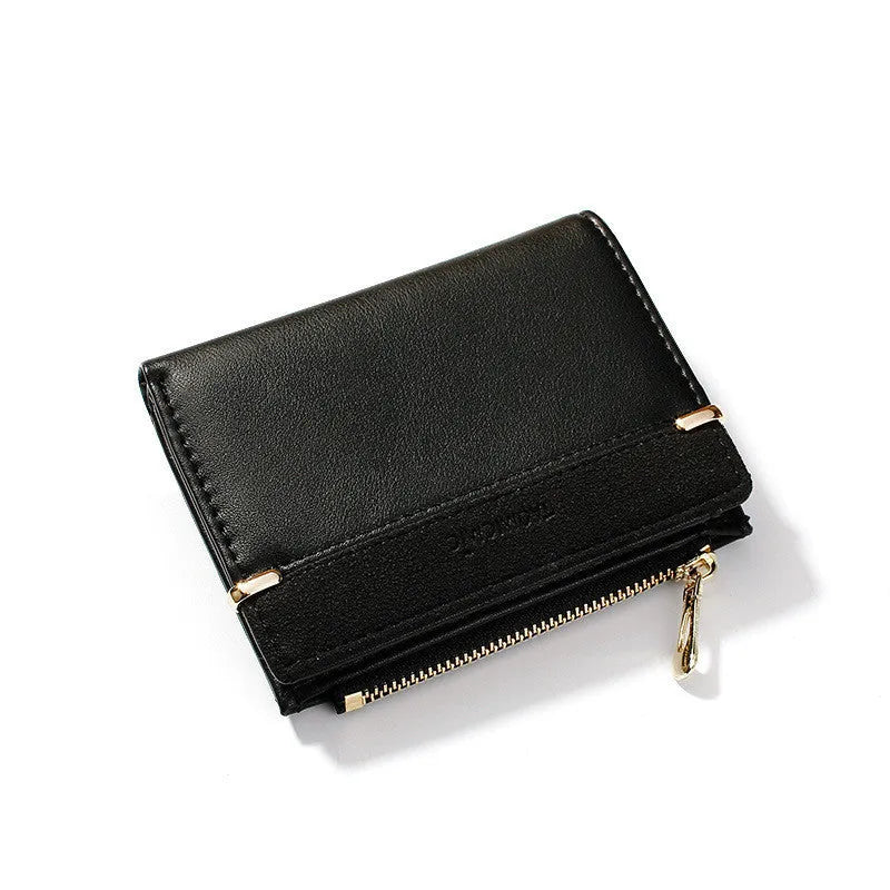 A closed ladies short zipper wallet in PU leather, showing its compact 2-fold design.
