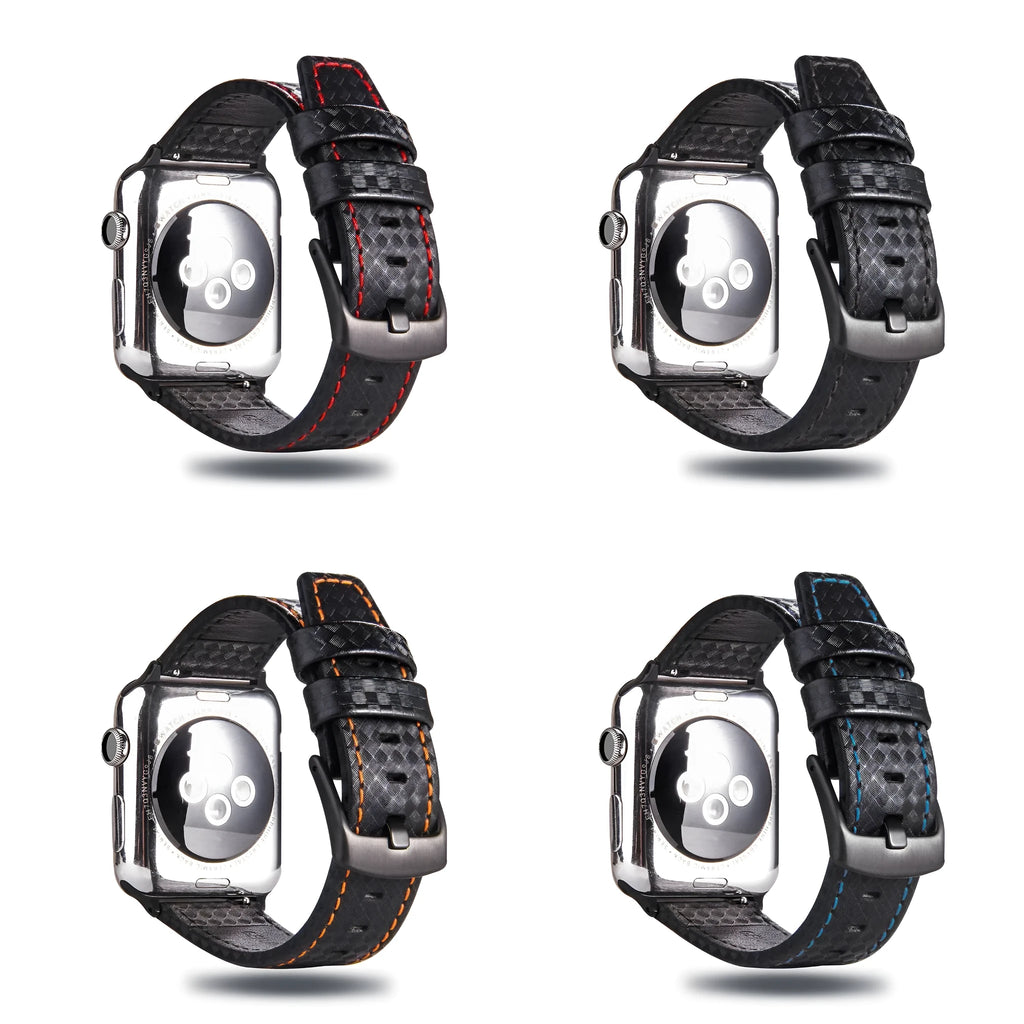 Compatible carbon fibre and leather Apple Watch strap with PC hard case in red, black, orange, and blue colour options.