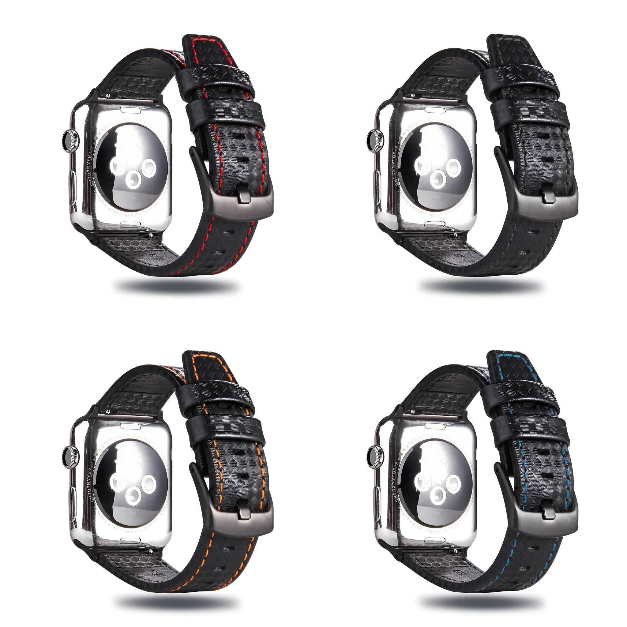 Compatible carbon fibre and leather Apple Watch strap with PC hard case in red, black, orange, and blue colour options.
