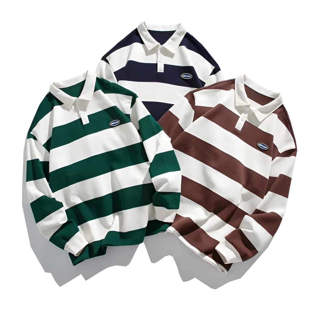 Hong Kong style pearl cotton polo shirt with striped lapel in autumn colours