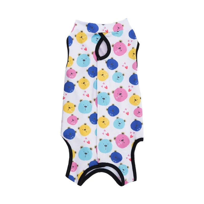 Colourful cat sterilisation recovery suit with Velcro fastening, a post-operative protective bodysuit.