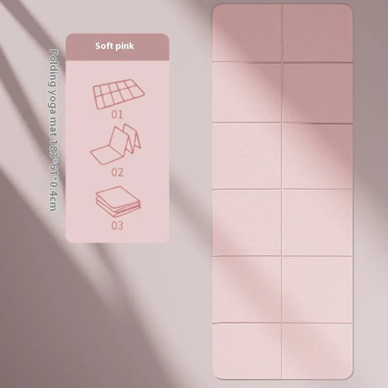 Folding purple TPE exercise mat showing six-fold design and non-slip surface texture