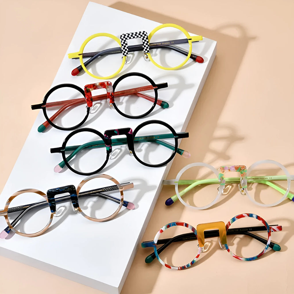 Multi-color round sheet eyeglass frame unisex for adults with 44-28-148 mm specs and plate construction