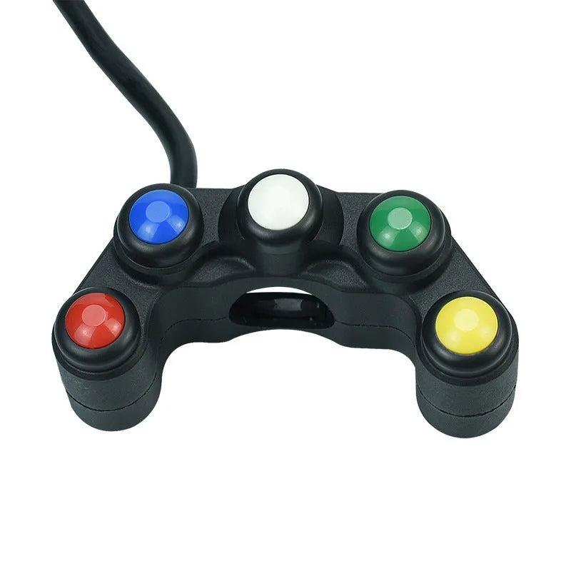 Five-position vehicle switch with red, yellow, blue, green, and white buttons for motorcycle electrical control