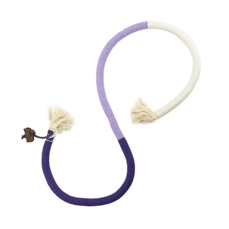 Bite-resistant cat teaser toy with a long cotton string and a catnip stuffy attached, showing purple, orange, and green colour options.
