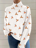 Women's loose fit Christmas printed turtleneck sweater in macaron colours with painting pattern design