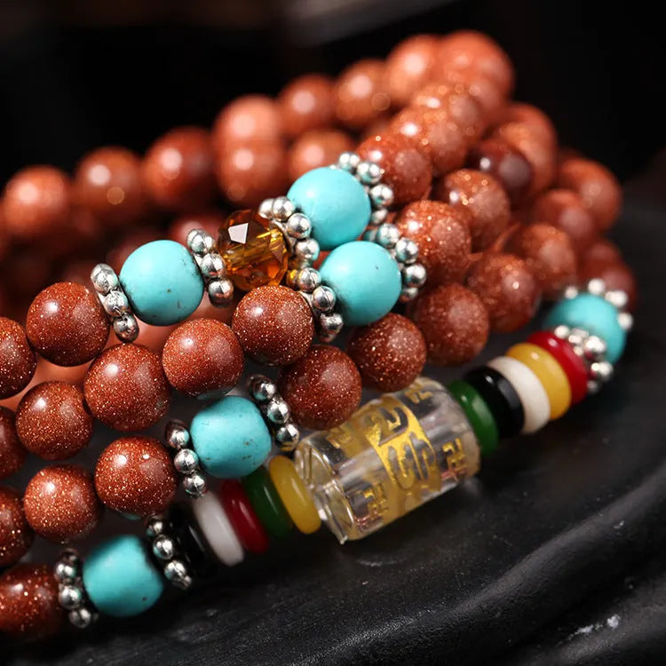 Golden Star Stone bracelet with fu charm and 108 nugget sand pieces