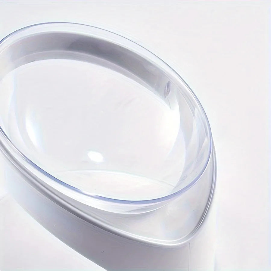 White elevated cat food bowl with clear tilted plastic design for dry and wet food