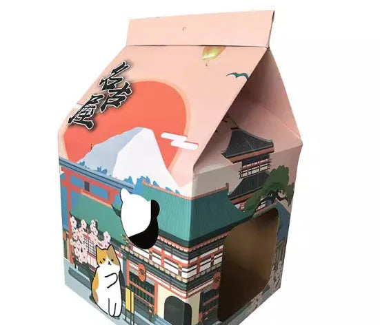 Foldable corrugated paper cat scratching board with Nagoya design, shown both flat and forming a nest.