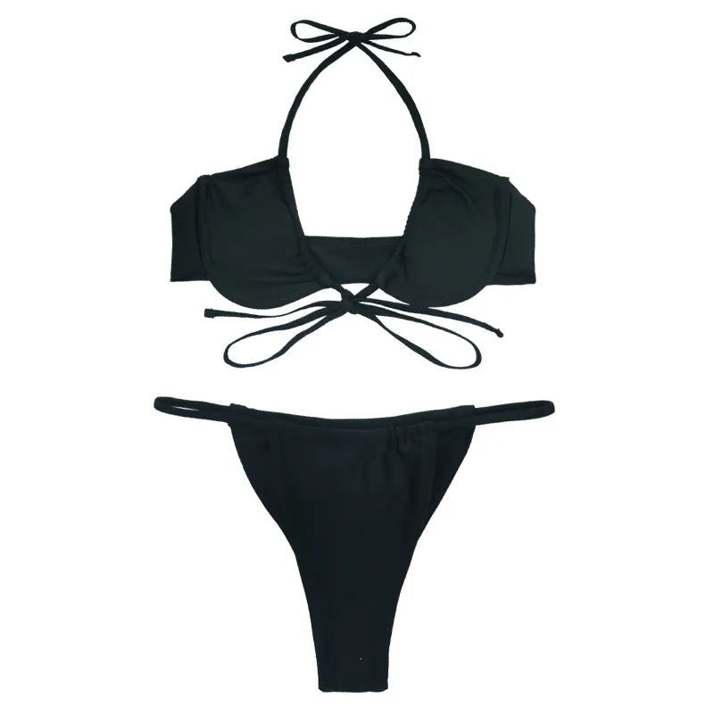 Women's black and mint green split bikini swimsuit made from nylon fabric in sizes S M L XL