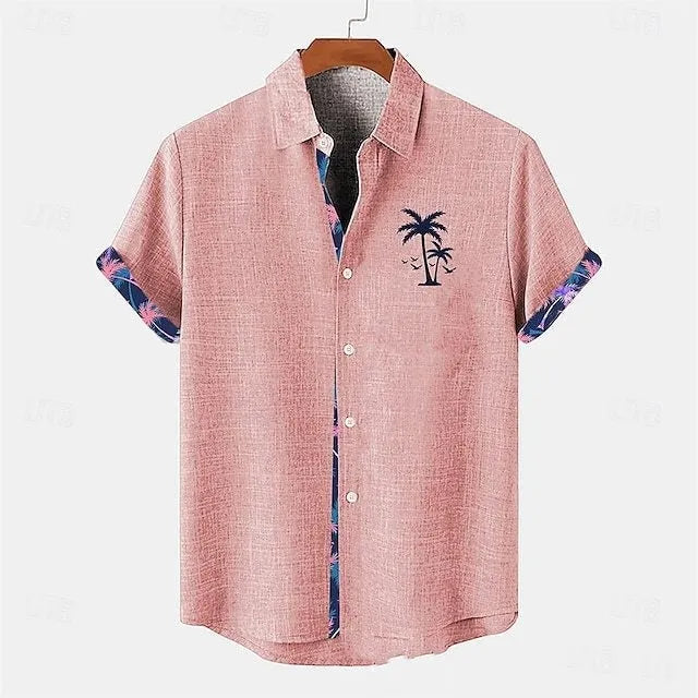 Linen short sleeve shirt with ocean fish pattern lapel detail in loose casual fit