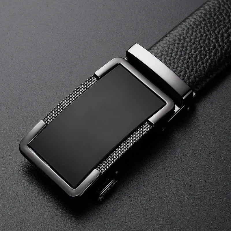 Men's gun black leather belt with a silver automatic click buckle, shown at a length of 120cm