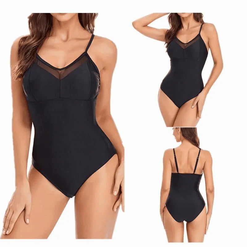 Black solid colour backless one-piece swimsuit laid flat.
