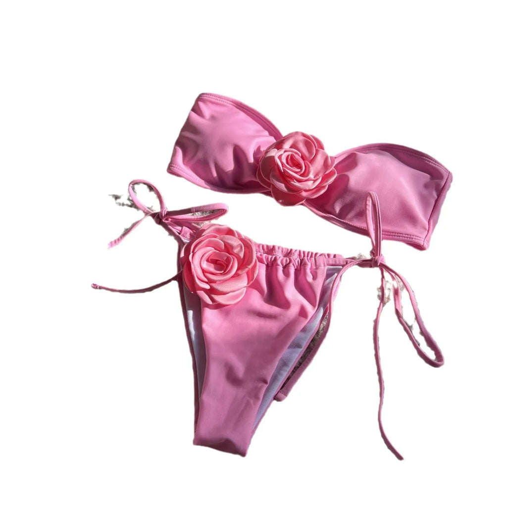 Solid colour rose tube top one-piece swimsuit for women with an adjustable drawstring strap and split style briefs.