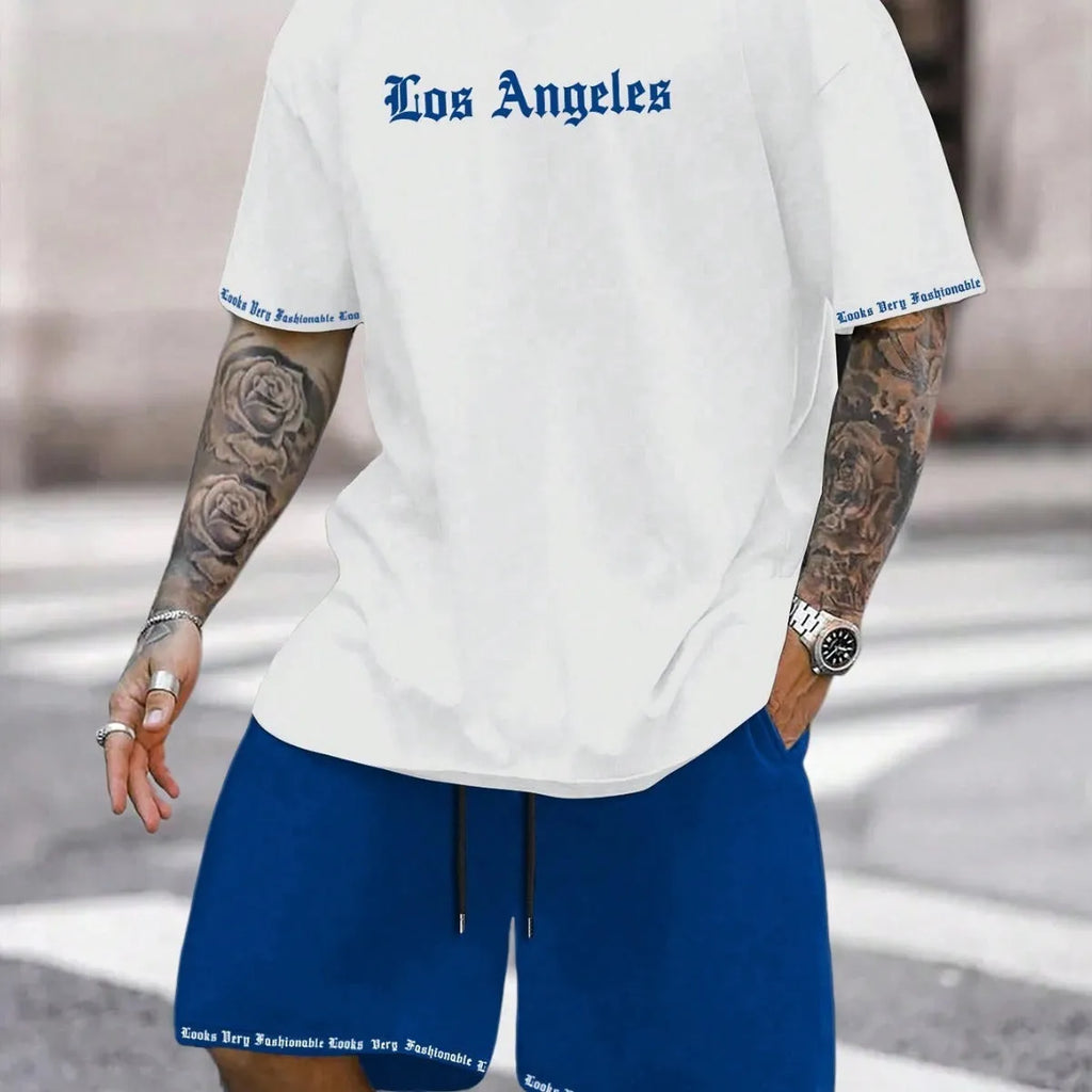 Men's printed polyester blend short sleeve top and matching shorts casual sports set