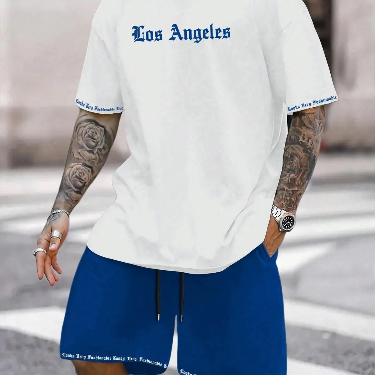 Men's printed polyester blend short sleeve top and matching shorts casual sports set