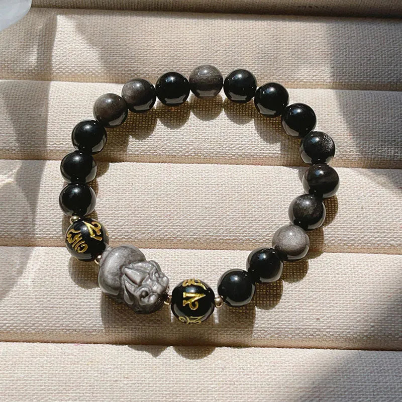 Silver stone men's bracelet with engraved zodiac symbols and Chinese proverbs on adjustable cord