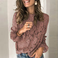Women's loose-fit hollow lace shirt with long sleeves, round neck, and zipper detail in green.