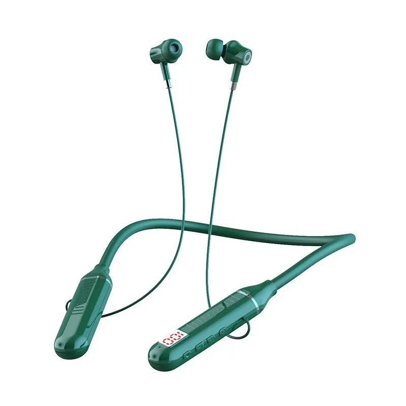 Wireless Bluetooth sports headset with neckband design and power display, shown in black colour option