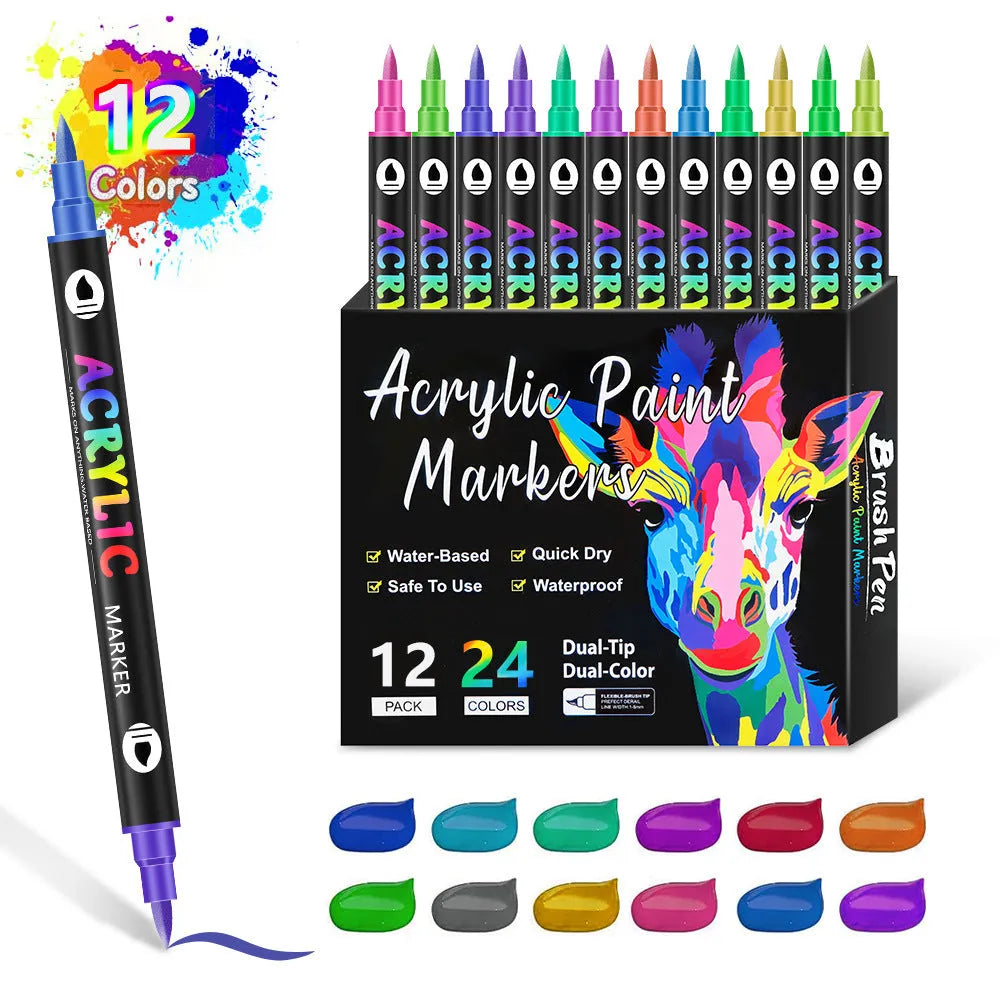 Double-headed two-colour acrylic marker pen set for children's painting with 24 to 168 colours