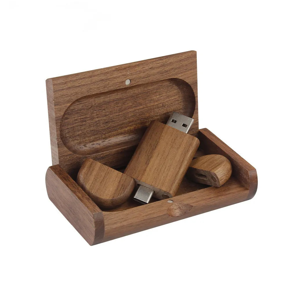 Carved wooden USB flash drive with phone ornament in various wood finishes