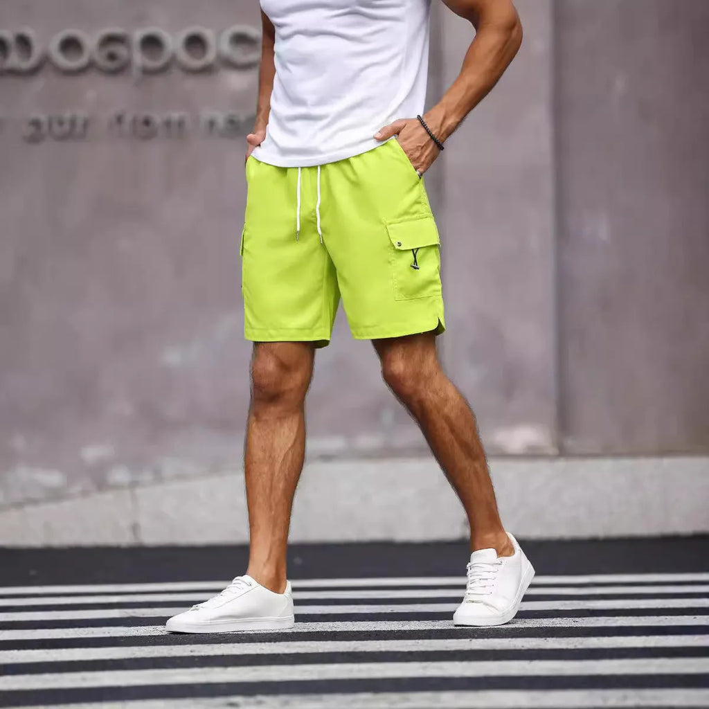Men's straight-leg workwear shorts in cool silk cotton fabric, available in fluorescent green and army green colours